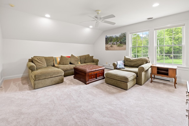 543 Lower Hollow Rd, Dorset, VT 05251 - living area with a baseboard heating unit, lofted ceiling, ceiling fan, baseboards, and light colored carpet