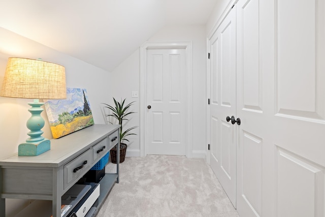543 Lower Hollow Rd, Dorset, VT 05251 - hallway with light carpet, lofted ceiling, and baseboards