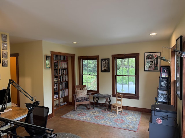 28 Greenleaf St, Brattleboro, VT 05301 - home office featuring baseboards, finished concrete floors, and recessed lighting