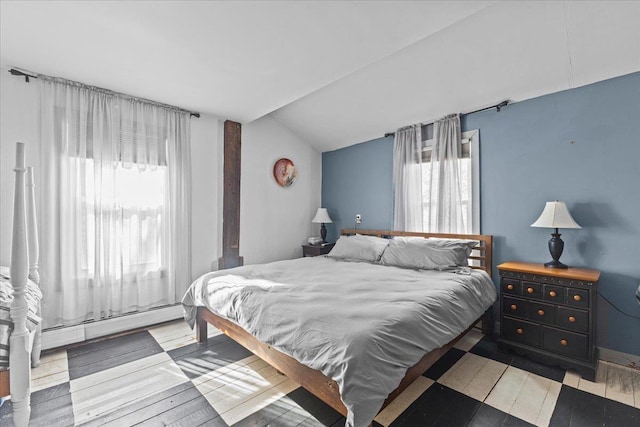 1460 Main St, Waitsfield, VT 05673 - bedroom featuring multiple windows, vaulted ceiling, and wood finished floors