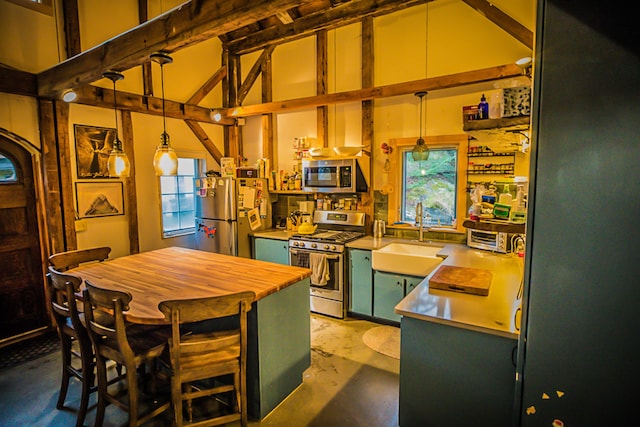 1460 Main St, Waitsfield, VT 05673 - kitchen with stainless steel appliances, a sink, green cabinetry, and decorative light fixtures