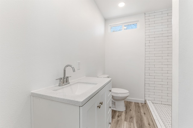 15 Highland Ave, Claremont, NH 03743 - full bathroom featuring toilet, vanity, a tile shower, and wood finished floors