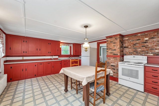 31 Prospect St, Franklin, NH 03235 - kitchen featuring white appliances, light floors, a sink, hanging light fixtures, and brick wall