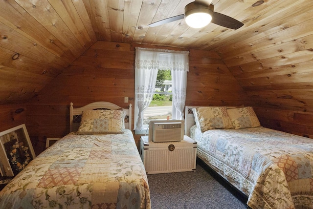 556 Weirs Blvd Unit 6, Laconia, NH 03246 - bedroom featuring wooden ceiling, wooden walls, lofted ceiling, carpet, and ceiling fan