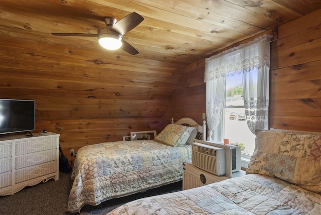 556 Weirs Blvd Unit 6, Laconia, NH 03246 - carpeted bedroom with wooden ceiling, wood walls, lofted ceiling, and ceiling fan