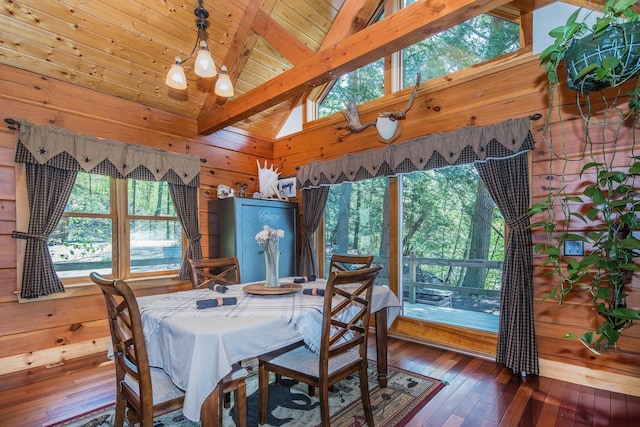 213 Singing Cedars Rd, Orwell, VT 05760 - dining area featuring wooden walls, lofted ceiling, wood-type flooring, and wooden ceiling