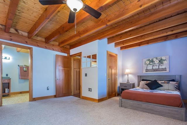 213 Singing Cedars Rd, Orwell, VT 05760 - carpeted bedroom with wooden ceiling with exposed beams, baseboards, connected bathroom, and a ceiling fan