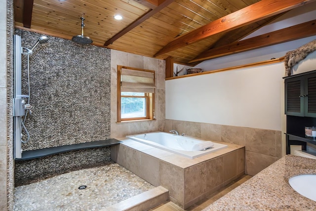 213 Singing Cedars Rd, Orwell, VT 05760 - bathroom with wooden ceiling, tiled shower, tile walls, a bath, and vanity