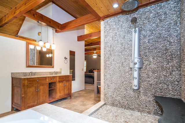 213 Singing Cedars Rd, Orwell, VT 05760 - bathroom featuring wooden ceiling with exposed beams, double vanity, recessed lighting, tile patterned floors, and ensuite bath