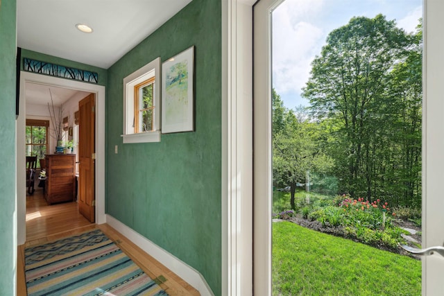 44 Clarksville Rd, Tunbridge, VT 05077 - hall featuring wood finished floors, baseboards, and recessed lighting