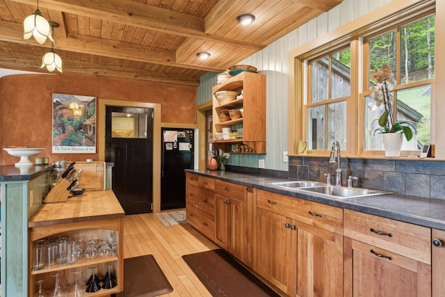 44 Clarksville Rd, Tunbridge, VT 05077 - kitchen featuring wooden ceiling with exposed beams, a sink, open shelves, light wood finished floors, and freestanding refrigerator