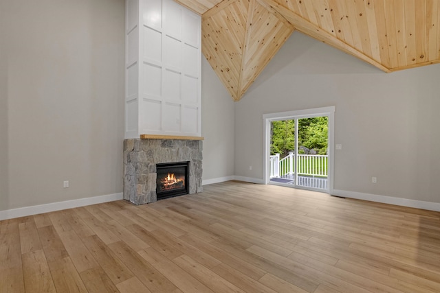 280 Sterling Dr, Laconia, NH 03246 - unfurnished living room featuring wood ceiling, a fireplace, light wood-style floors, high vaulted ceiling, and baseboards