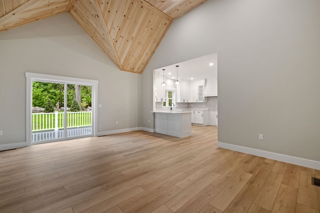 280 Sterling Dr, Laconia, NH 03246 - unfurnished living room with high vaulted ceiling, wooden ceiling, healthy amount of natural light, baseboards, and light wood-style floors