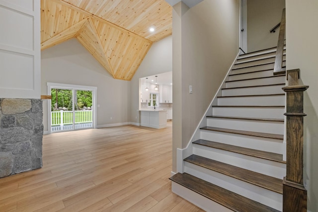 280 Sterling Dr, Laconia, NH 03246 - stairway featuring wood ceiling, high vaulted ceiling, wood finished floors, and recessed lighting