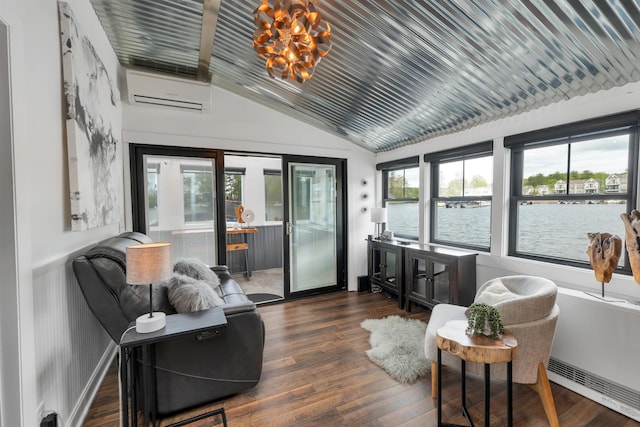 556 Weirs Blvd Unit 4, Laconia, NH 03246 - sunroom with lofted ceiling, a wall mounted AC, a chandelier, and a water view