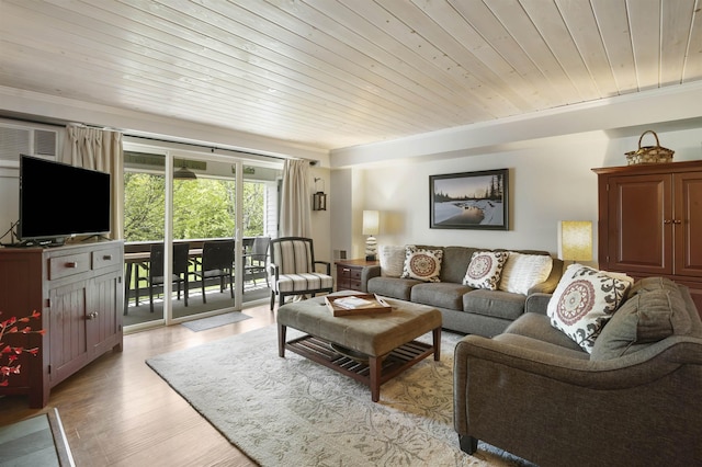 6049 Mountain Rd Unit 20, Stowe, VT 05672 - living room with light wood-style floors, crown molding, and wood ceiling