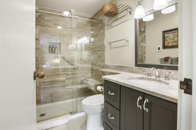 6049 Mountain Rd Unit 20, Stowe, VT 05672 - full bath featuring vanity, toilet, a shower stall, and tile patterned floors