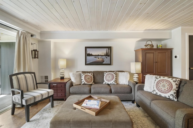 6049 Mountain Rd Unit 20, Stowe, VT 05672 - living area with crown molding, wood ceiling, and light wood-style floors