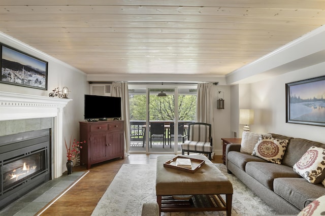 6049 Mountain Rd Unit 20, Stowe, VT 05672 - living room featuring wood finished floors, crown molding, a fireplace, and wooden ceiling