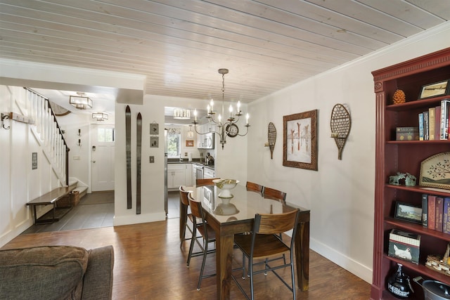 6049 Mountain Rd Unit 20, Stowe, VT 05672 - dining room with a chandelier, wood ceiling, stairway, dark wood finished floors, and crown molding