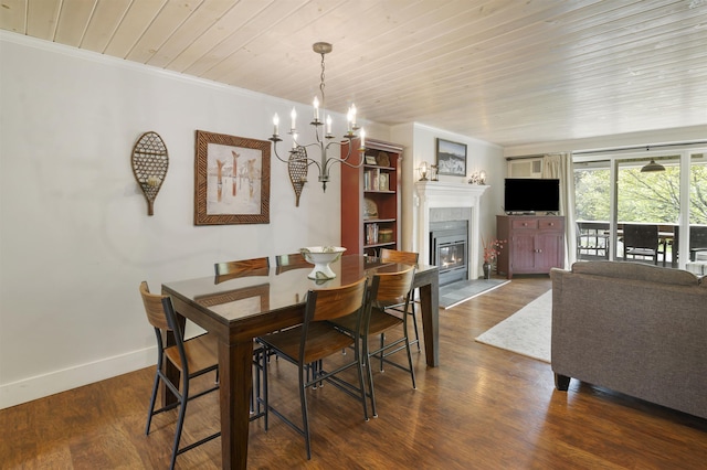 6049 Mountain Rd Unit 20, Stowe, VT 05672 - dining room with a tiled fireplace, wooden ceiling, a chandelier, baseboards, and ornamental molding