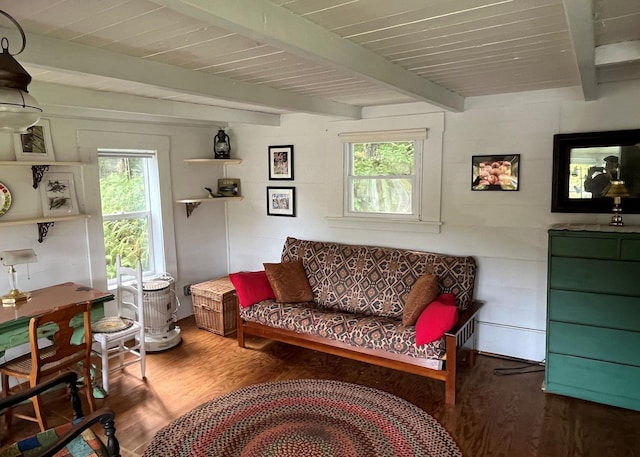 43 Kimberly Ln, Westmore, VT 05871 - living area featuring wood finished floors and wooden ceiling with exposed beams