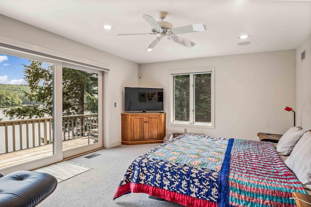 75 Westwood Rd, Sunapee, NH 03782 - bedroom with multiple windows, access to exterior, carpet flooring, ceiling fan, and recessed lighting