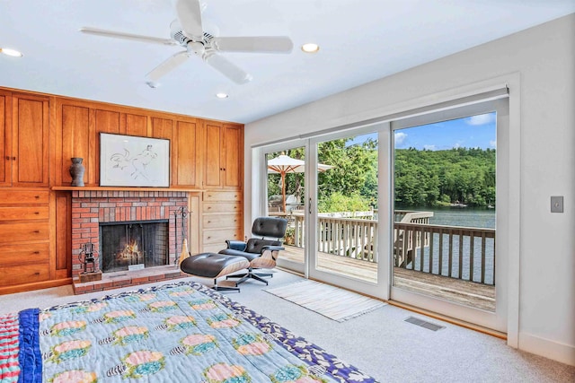 75 Westwood Rd, Sunapee, NH 03782 - living room featuring carpet flooring, recessed lighting, a brick fireplace, and ceiling fan