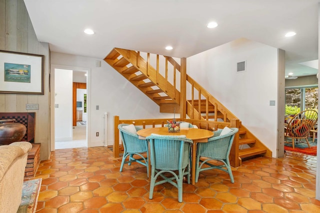 75 Westwood Rd, Sunapee, NH 03782 - dining area featuring stairs, recessed lighting, and a fireplace