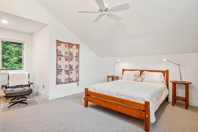 75 Westwood Rd, Sunapee, NH 03782 - carpeted bedroom with vaulted ceiling, baseboards, and a ceiling fan