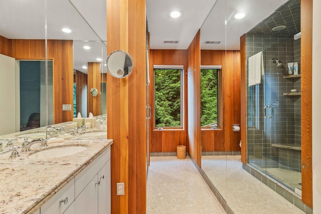 75 Westwood Rd, Sunapee, NH 03782 - full bath with double vanity, a shower stall, wood walls, and recessed lighting