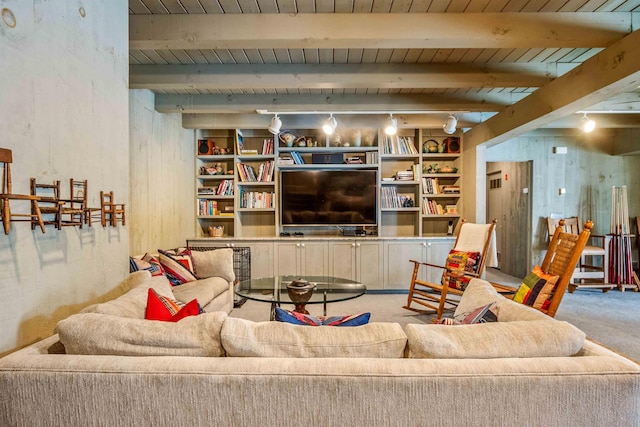 75 Westwood Rd, Sunapee, NH 03782 - carpeted living area featuring wood ceiling with exposed beams and built in features