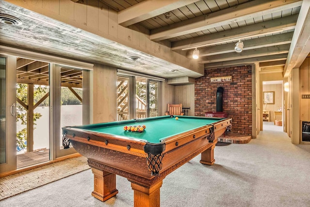 75 Westwood Rd, Sunapee, NH 03782 - game room with a wood stove, carpet flooring, wooden ceiling with exposed beams, pool table, and wooden walls