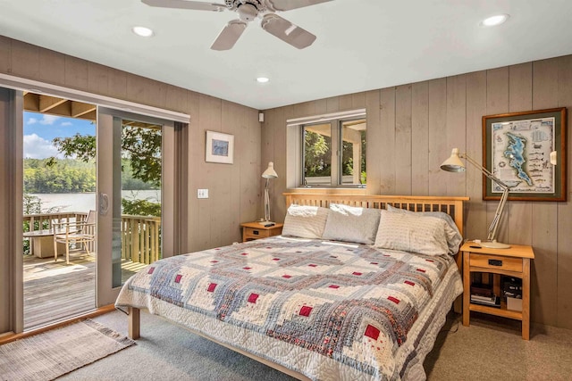 75 Westwood Rd, Sunapee, NH 03782 - carpeted bedroom featuring access to exterior, wooden walls, recessed lighting, and ceiling fan