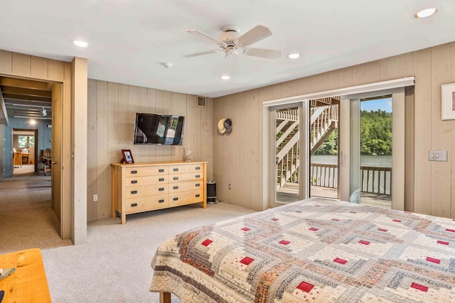 75 Westwood Rd, Sunapee, NH 03782 - carpeted bedroom featuring access to outside, wood walls, recessed lighting, and a ceiling fan