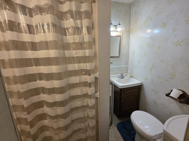 66 Union St, Windsor, VT 05089 - bathroom featuring wallpapered walls, vanity, toilet, and a shower with shower curtain
