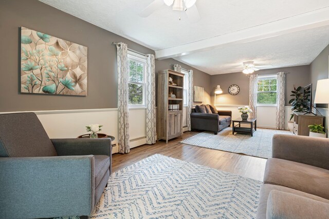 11 Beauchesne Dr, Hooksett, NH 03106 - living room featuring ceiling fan, light wood-style floors, beamed ceiling, and baseboards