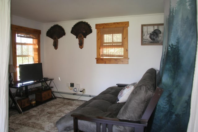 2884 Tampico Rd, Danville, VT 05828 - carpeted living room featuring a baseboard heating unit