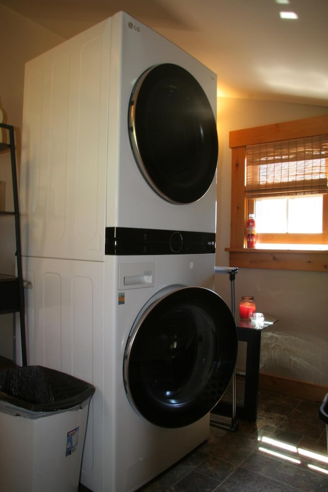2884 Tampico Rd, Danville, VT 05828 - laundry area with estacked washer and dryer