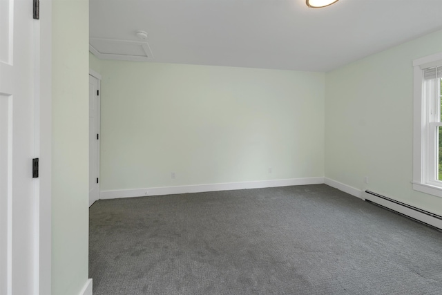 10 Call Rd, Webster, NH 03303 - unfurnished room featuring attic access, dark colored carpet, baseboards, baseboard heating, and a smoke detector