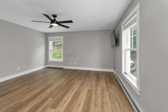 10 Call Rd, Webster, NH 03303 - spare room featuring a baseboard radiator, a baseboard heating unit, light wood finished floors, baseboards, and ceiling fan