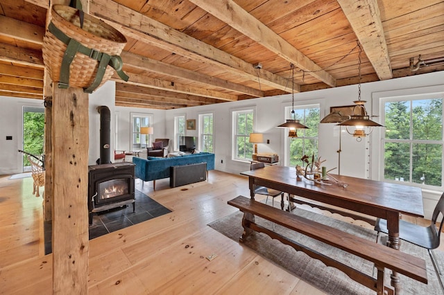 2192 Jack Hill Rd, Calais, VT 05650 - dining area featuring wooden ceiling with exposed beams, a wood stove, and light wood-style flooring