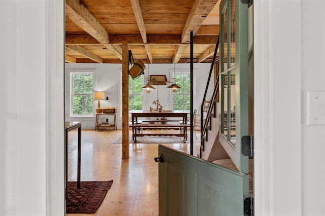2192 Jack Hill Rd, Calais, VT 05650 - hall with wooden ceiling with exposed beams, stairway, and wood finished floors