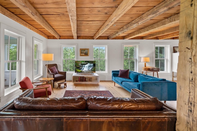 2192 Jack Hill Rd, Calais, VT 05650 - living area featuring wood-type flooring, wood ceiling with exposed beams, and healthy amount of natural light