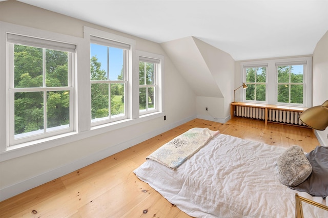 2192 Jack Hill Rd, Calais, VT 05650 - bedroom with radiator heating unit, hardwood / wood-style floors, lofted ceiling, and baseboards