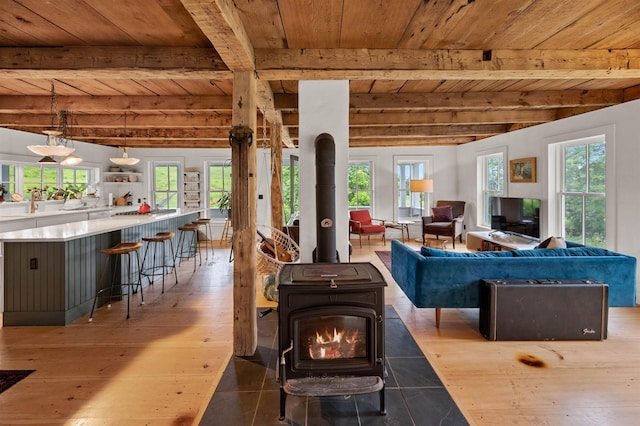 2192 Jack Hill Rd, Calais, VT 05650 - living area featuring wooden ceiling with exposed beams, a wood stove, and hardwood / wood-style flooring