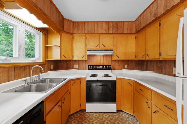 33 Wildwood Dr, Burlington, VT 05408 - kitchen with range with electric stovetop, under cabinet range hood, a sink, dishwasher, and light countertops