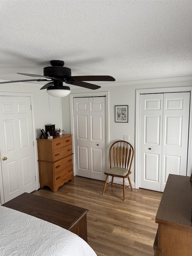 11 Modena Dr Unit 11, Concord, NH 03303 - bedroom with wood finished floors, two closets, a textured ceiling, and a ceiling fan
