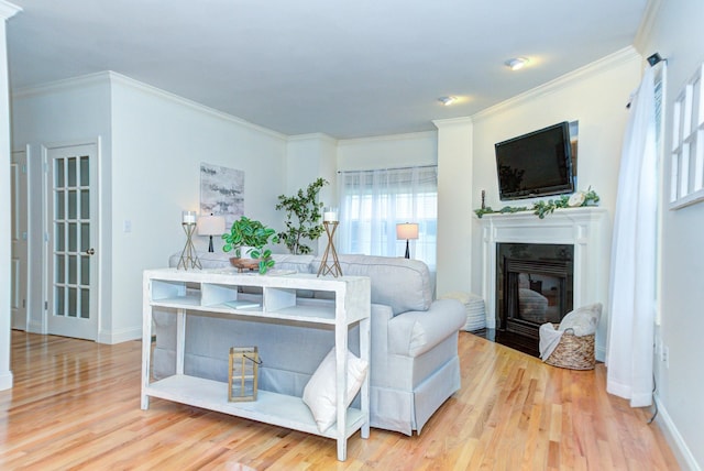 17 Misty Meadow Rd Unit 17, Windham, NH 03087 - living area featuring wood finished floors, a fireplace with flush hearth, baseboards, and crown molding