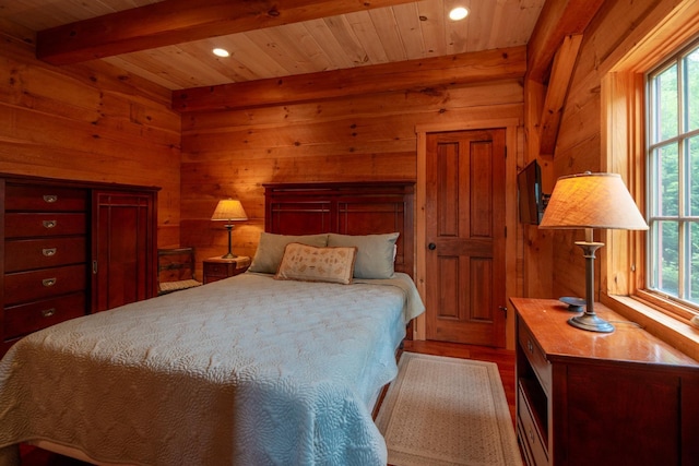 938 Stigers Rd, Andover, VT 05143 - bedroom with multiple windows, wooden walls, recessed lighting, wood ceiling with exposed beams, and wood finished floors